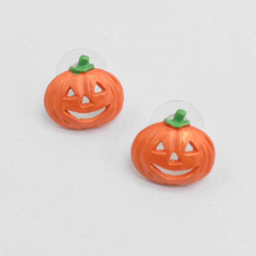 Vintage Halloween Pumpkin Dangle Earrings Jack O Lantern Kitsch Retro Orange